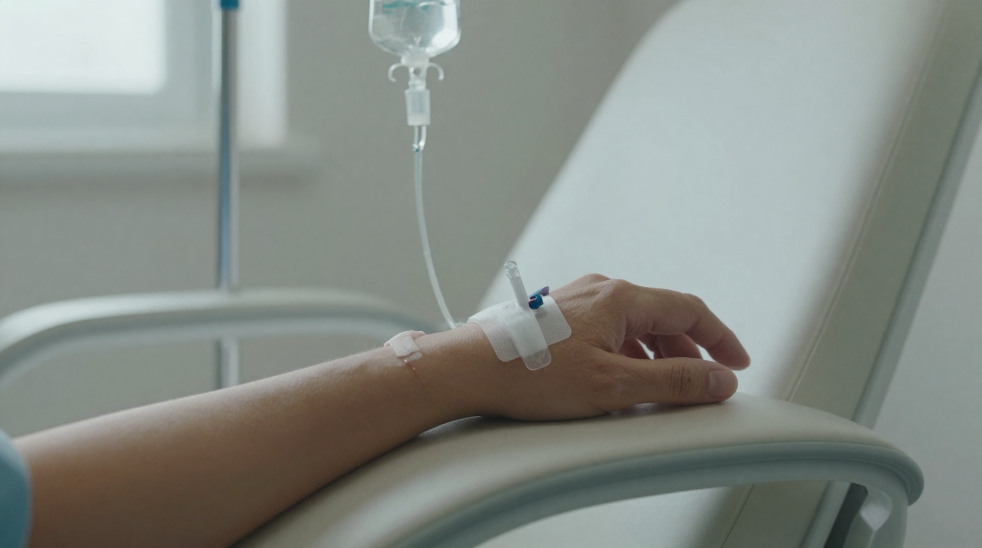 Детальный снимок руки пациента с установленной внутривенной системой для капельницы